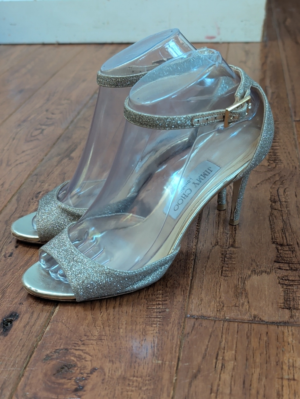 Jimmy Choo Annie 85 Evening Metallic Gold Glitter Ankle-Strap Stilettos